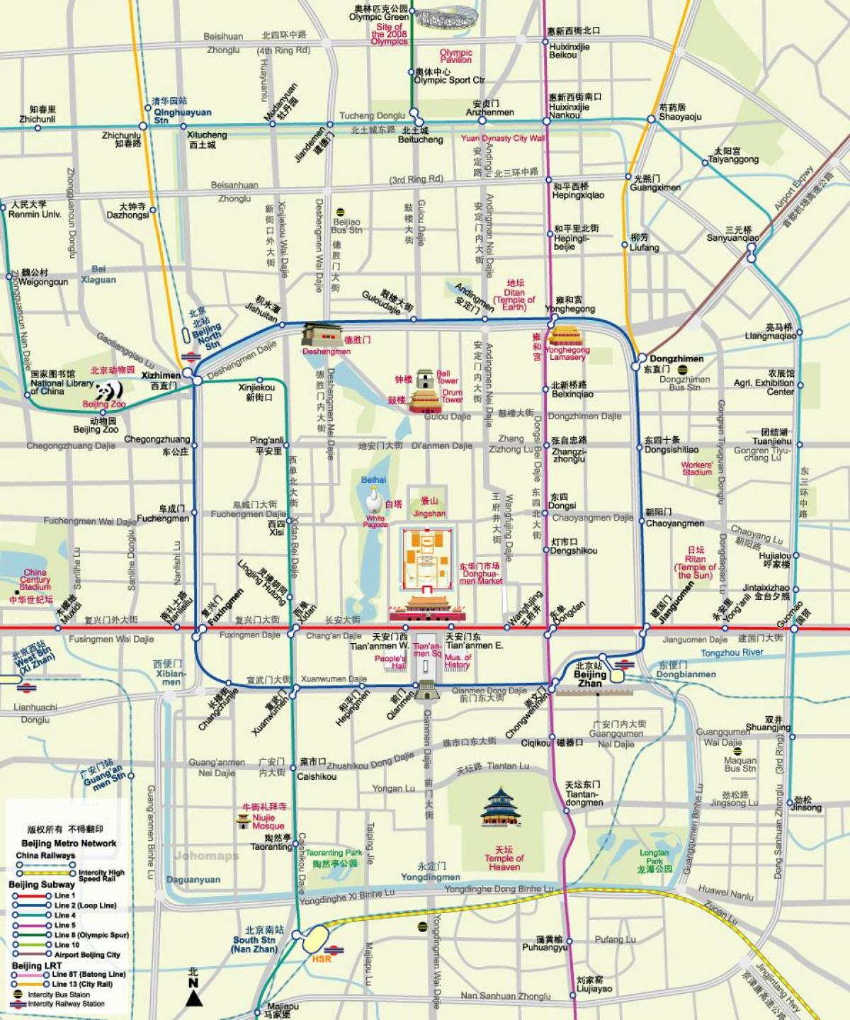 mapa do metrô de Pequim mapa com as atrações turísticas